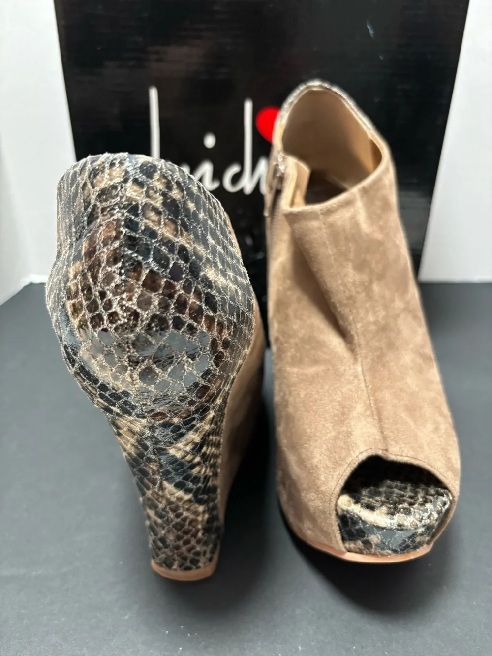 Luichiny Taupe Suede Python Print Peep Toe Platform Wedge Booties Size 8
